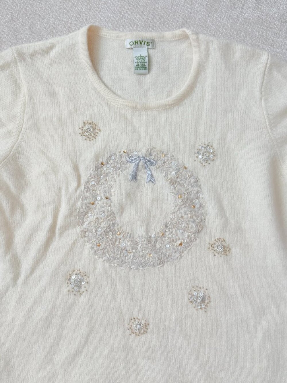 Orvis Lambswool Angora Beaded Christmas Wreath Sweater Cream Women's Large 4400